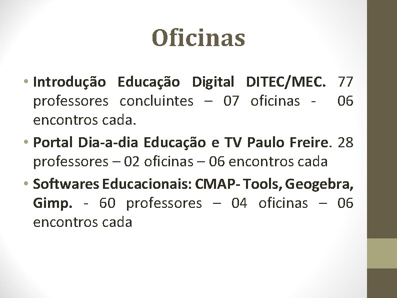 Oficinas • Introdução Educação Digital DITEC/MEC. 77 professores concluintes – 07 oficinas - 06