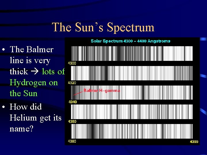 The Sun’s Spectrum • The Balmer line is very thick lots of Hydrogen on