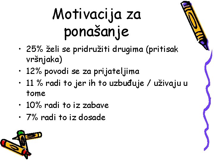Motivacija za ponašanje • 25% želi se pridružiti drugima (pritisak vršnjaka) • 12% povodi