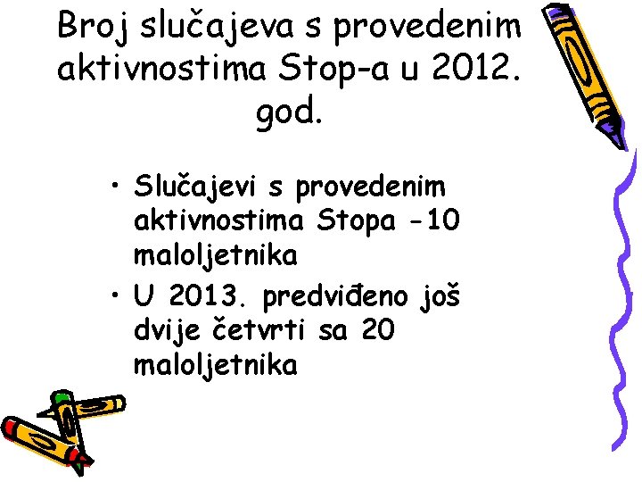 Broj slučajeva s provedenim aktivnostima Stop-a u 2012. god. • Slučajevi s provedenim aktivnostima