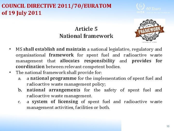 COUNCIL DIRECTIVE 2011/70/EURATOM of 19 July 2011 Article 5 National framework • MS shall