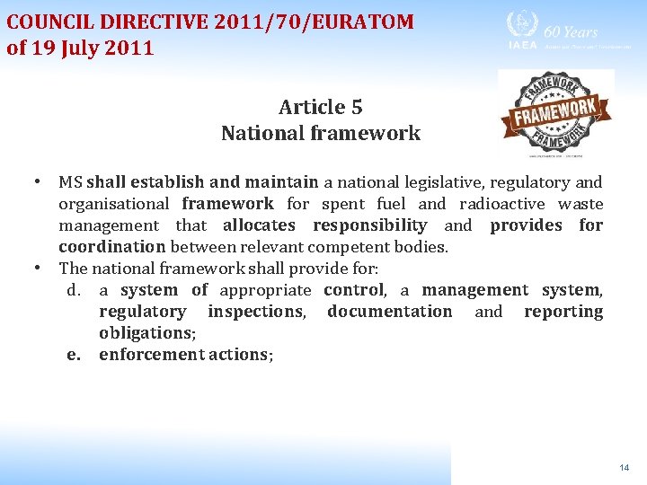 COUNCIL DIRECTIVE 2011/70/EURATOM of 19 July 2011 Article 5 National framework • MS shall