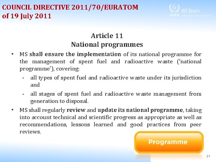 COUNCIL DIRECTIVE 2011/70/EURATOM of 19 July 2011 Article 11 National programmes • MS shall
