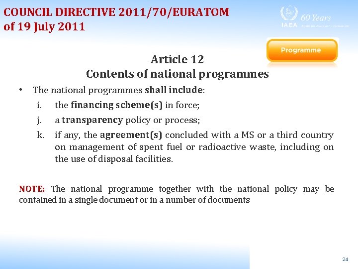 COUNCIL DIRECTIVE 2011/70/EURATOM of 19 July 2011 Article 12 Contents of national programmes •