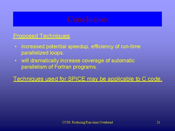 Conclusion Proposed Techniques • increased potential speedup, efficiency of run-time parallelized loops. • will