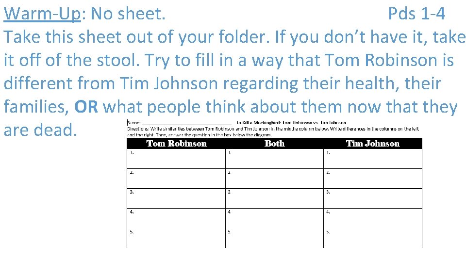 Warm-Up: No sheet. Pds 1 -4 Take this sheet out of your folder. If