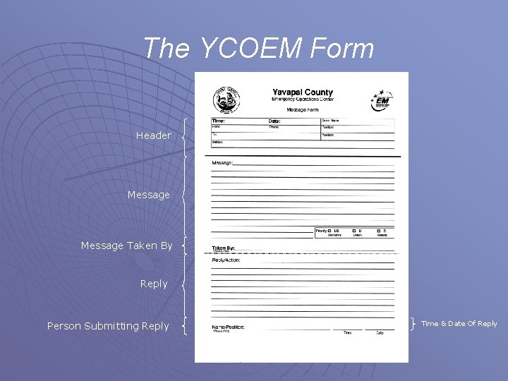 The YCOEM Form Header Message Taken By Reply Person Submitting Reply Time & Date