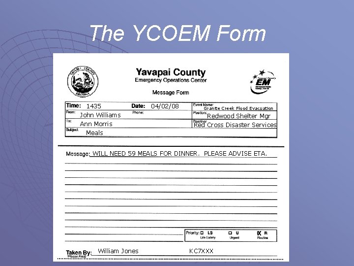 The YCOEM Form 1435 John Williams Ann Morris 04/02/08 Granite Creek Flood Evacuation Redwood