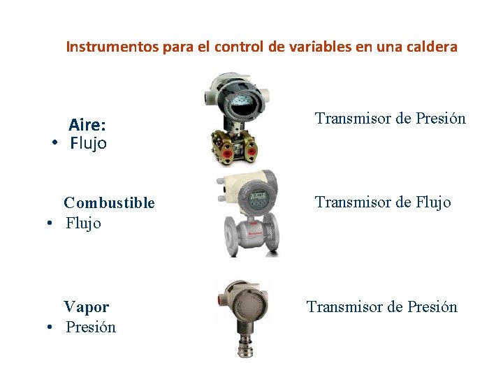 Instrumentos para el control de variables en una caldera Aire: • Flujo Transmisor de