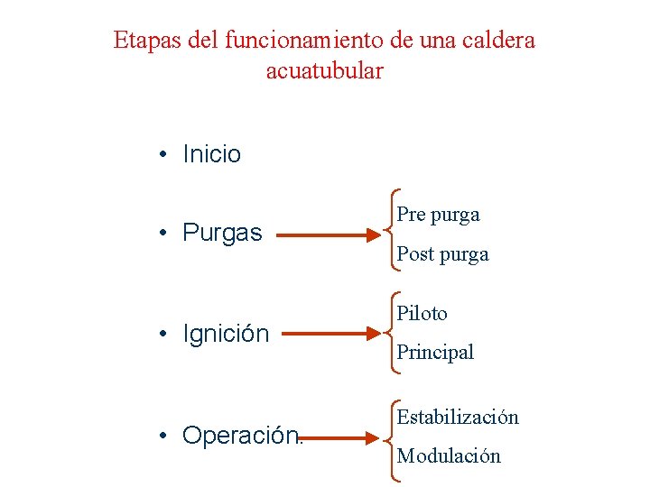 Etapas del funcionamiento de una caldera acuatubular • Inicio • Purgas • Ignición •