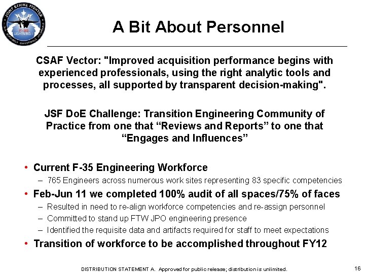 A Bit About Personnel CSAF Vector: "Improved acquisition performance begins with experienced professionals, using