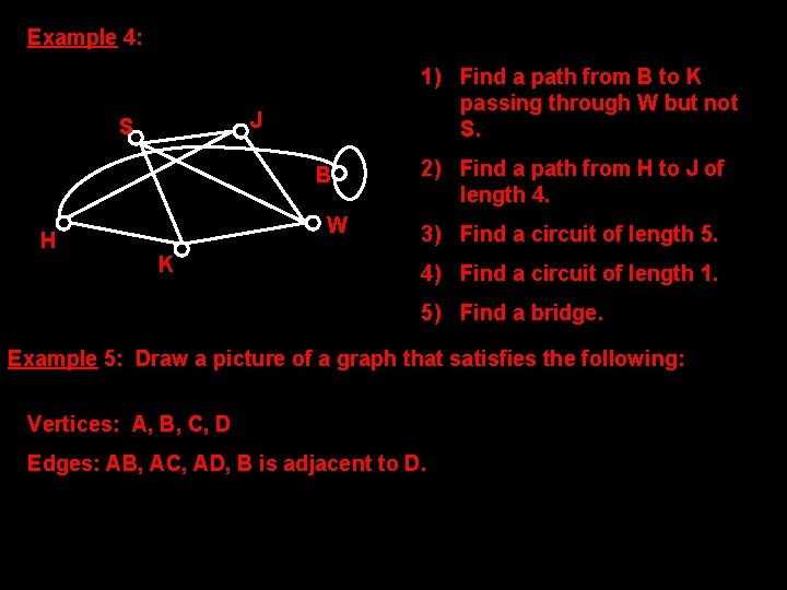 Example 4: 1) Find a path from B to K passing through W but