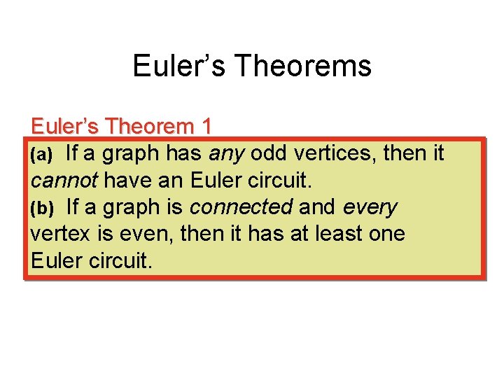 Euler’s Theorems Euler’s Theorem 1 (a) If a graph has any odd vertices, then