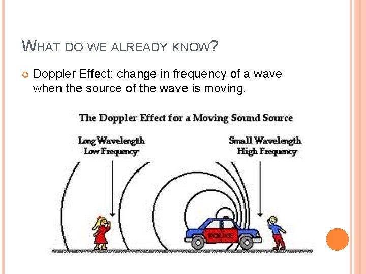 WHAT DO WE ALREADY KNOW? Doppler Effect: change in frequency of a wave when