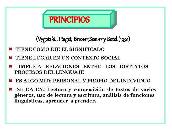 PRINCIPIOS (Vygotski , Piaget, Bruner, Seaver y Botel (1991) TIENE COMO EJE EL SIGNIFICADO