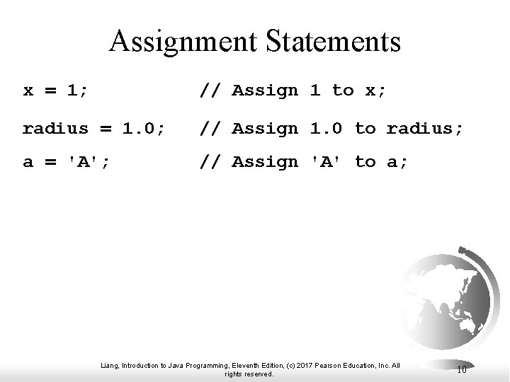 Assignment Statements x = 1; // Assign 1 to x; radius = 1. 0; Assignment Statements x = 1; // Assign 1 to x; radius = 1. 0;