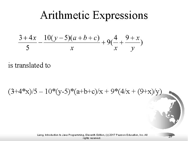 Arithmetic Expressions is translated to (3+4*x)/5 – 10*(y-5)*(a+b+c)/x + 9*(4/x + (9+x)/y) Liang, Introduction Arithmetic Expressions is translated to (3+4*x)/5 – 10*(y-5)*(a+b+c)/x + 9*(4/x + (9+x)/y) Liang, Introduction