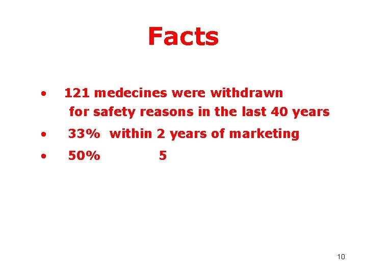 Facts • 121 medecines were withdrawn for safety reasons in the last 40 years