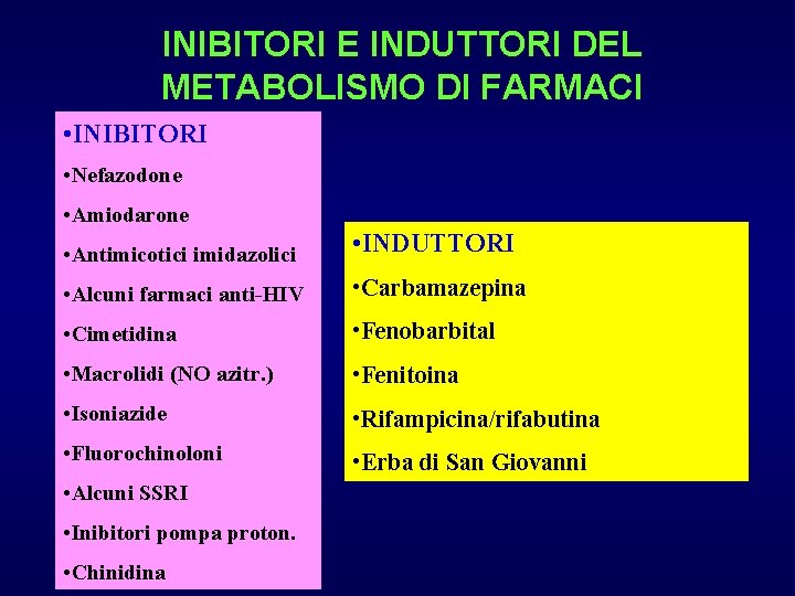 INIBITORI E INDUTTORI DEL METABOLISMO DI FARMACI • INIBITORI • Nefazodone • Amiodarone •