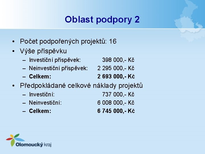 Oblast podpory 2 • Počet podpořených projektů: 16 • Výše příspěvku – Investiční příspěvek: