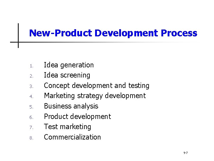 New-Product Development Process 1. 2. 3. 4. 5. 6. 7. 8. Idea generation Idea