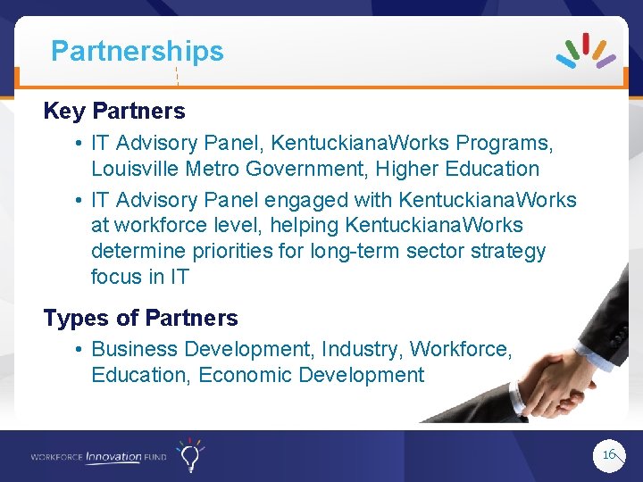 Partnerships Key Partners • IT Advisory Panel, Kentuckiana. Works Programs, Louisville Metro Government, Higher