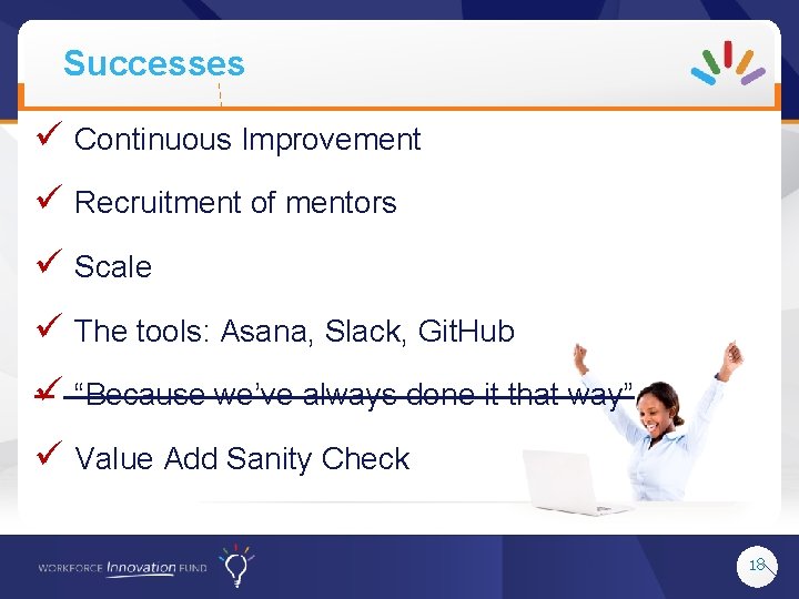 Successes ü Continuous Improvement ü Recruitment of mentors ü Scale ü The tools: Asana,