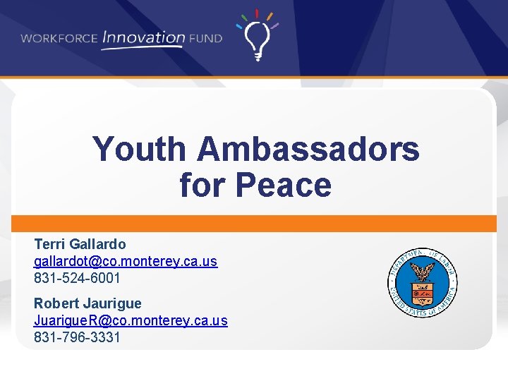 Youth Ambassadors for Peace Terri Gallardo gallardot@co. monterey. ca. us 831 -524 -6001 Robert