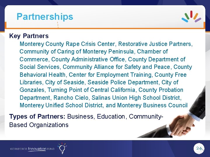 Partnerships Key Partners Monterey County Rape Crisis Center, Restorative Justice Partners, Community of Caring