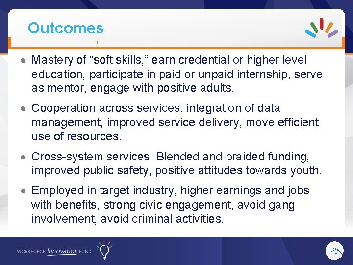 Outcomes Mastery of “soft skills, ” earn credential or higher level education, participate in