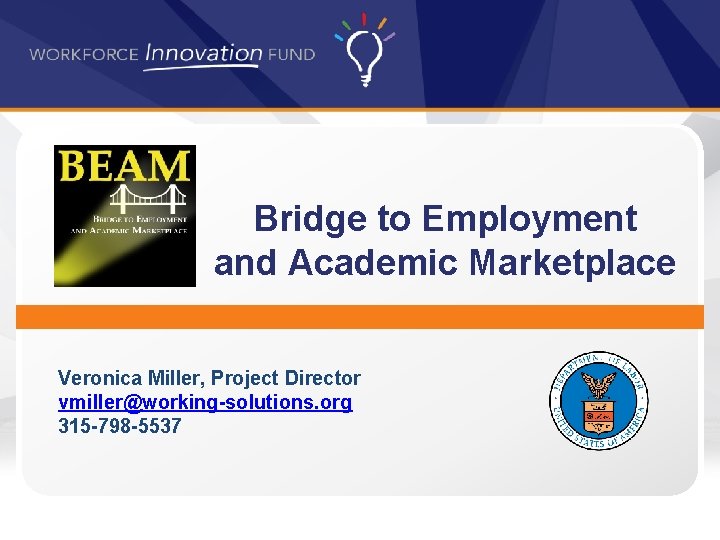 Bridge to Employment and Academic Marketplace Veronica Miller, Project Director vmiller@working-solutions. org 315 -798