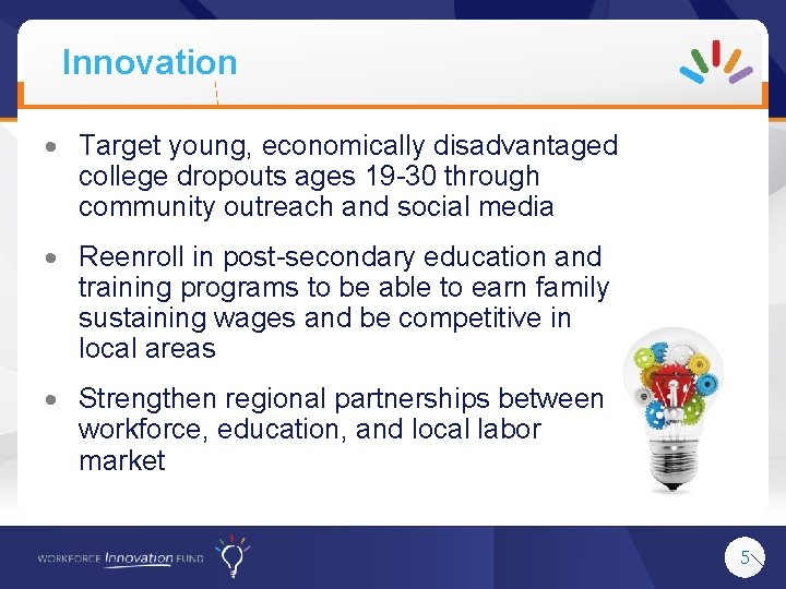 Innovation Target young, economically disadvantaged college dropouts ages 19 -30 through community outreach and