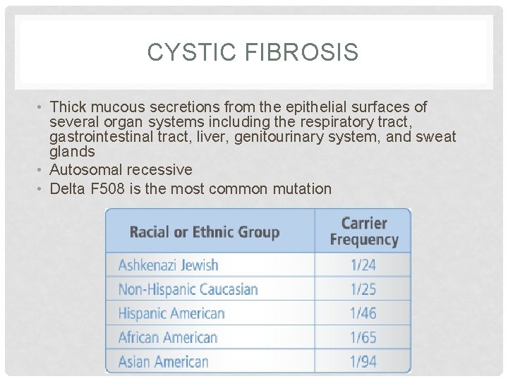 CYSTIC FIBROSIS • Thick mucous secretions from the epithelial surfaces of several organ systems