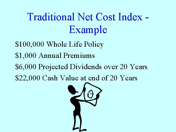 Traditional Net Cost Index Example $100, 000 Whole Life Policy $1, 000 Annual Premiums