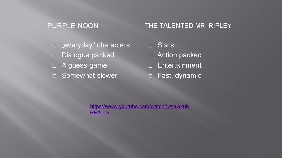 PURPLE NOON � � „everyday” characters Dialogue packed A guess-game Somewhat slower THE TALENTED PURPLE NOON � � „everyday” characters Dialogue packed A guess-game Somewhat slower THE TALENTED
