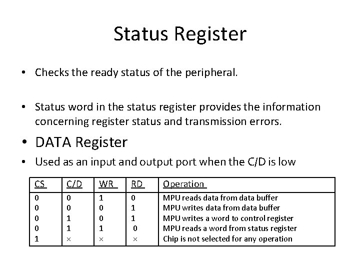 Status Register • Checks the ready status of the peripheral. • Status word in