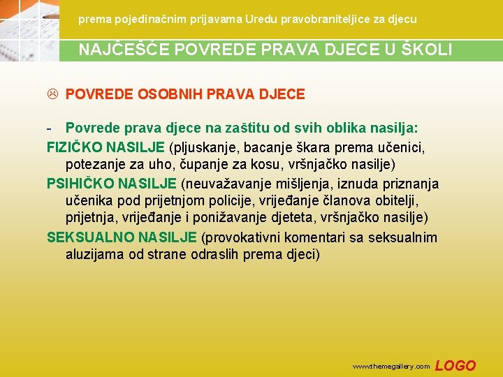 prema pojedinačnim prijavama Uredu pravobraniteljice za djecu NAJČEŠĆE POVREDE PRAVA DJECE U ŠKOLI L