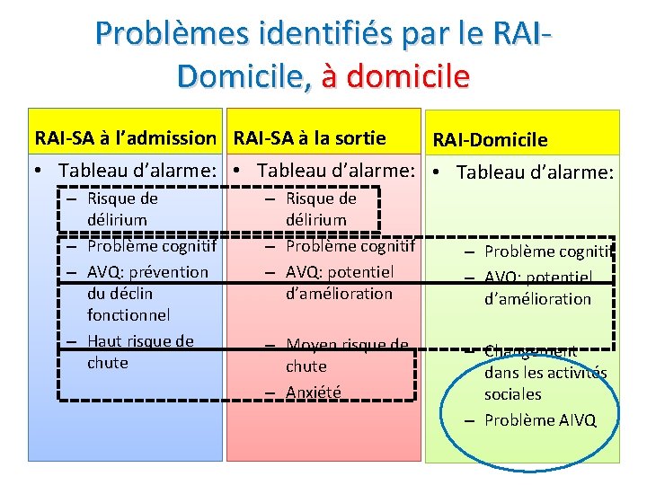 Problèmes identifiés par le RAIDomicile, à domicile RAI-SA à l’admission RAI-SA à la sortie