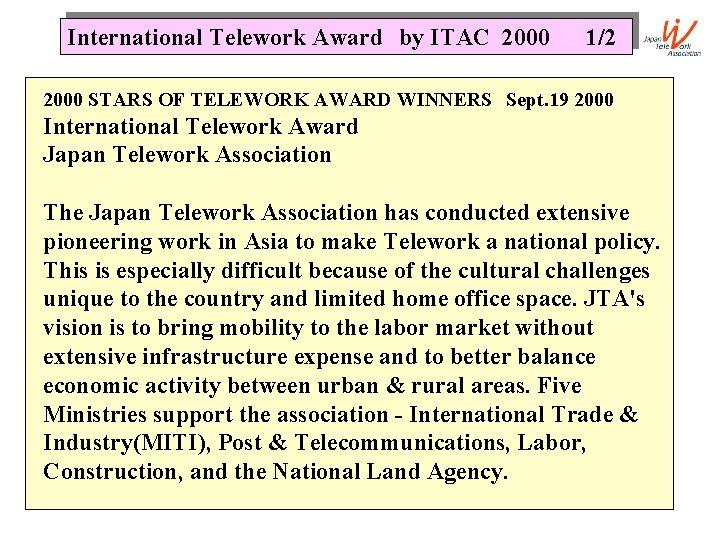 International Telework Award by ITAC 2000 1/2 2000 STARS OF TELEWORK AWARD WINNERS Sept.