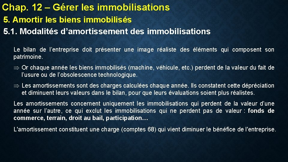 Chap. 12 – Gérer les immobilisations 5. Amortir les biens immobilisés 5. 1. Modalités