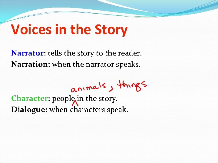 Voices in the Story Narrator: tells the story to the reader. Narration: when the