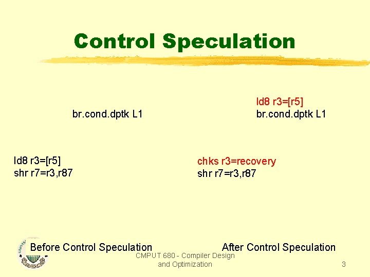Control Speculation ld 8 r 3=[r 5] br. cond. dptk L 1 ld 8