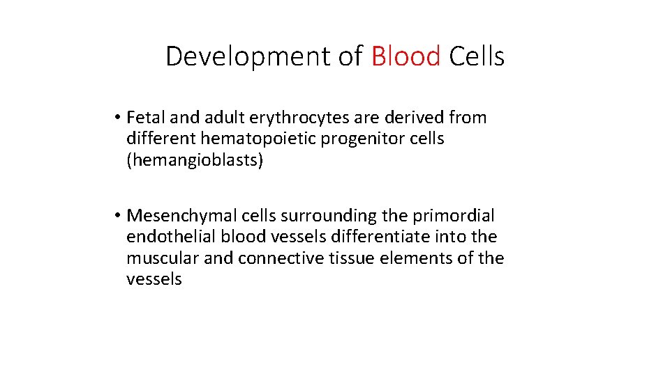 Development of Blood Cells • Fetal and adult erythrocytes are derived from different hematopoietic