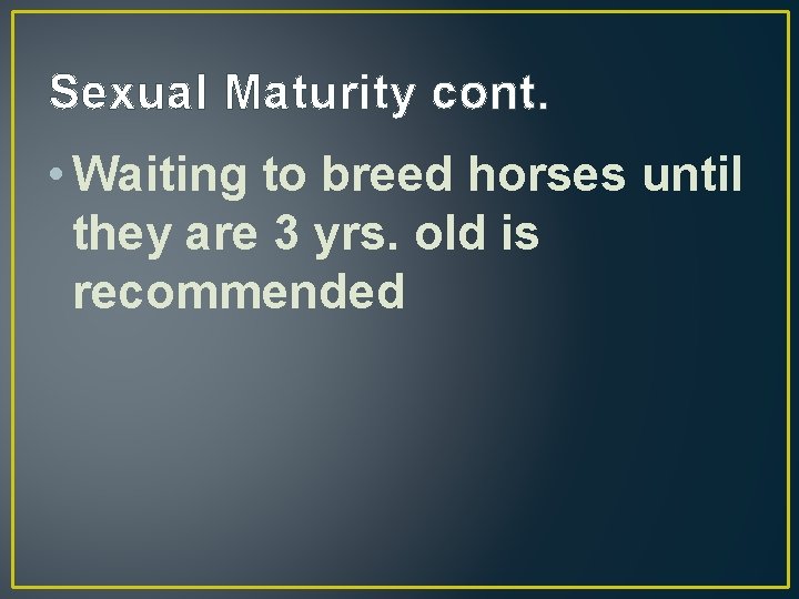 Sexual Maturity cont. • Waiting to breed horses until they are 3 yrs. old