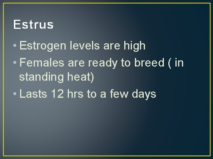 Estrus • Estrogen levels are high • Females are ready to breed ( in