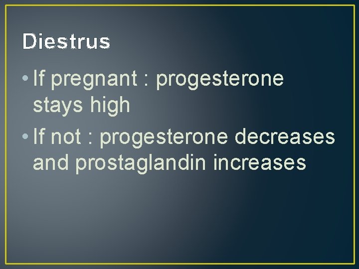 Diestrus • If pregnant : progesterone stays high • If not : progesterone decreases