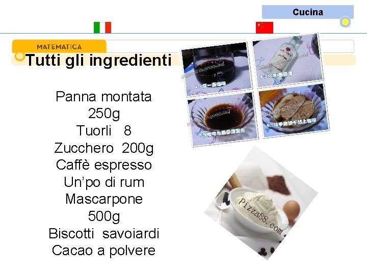 Cucina Tutti gli ingredienti Panna montata 250 g Tuorli 8 Zucchero 200 g Caffè