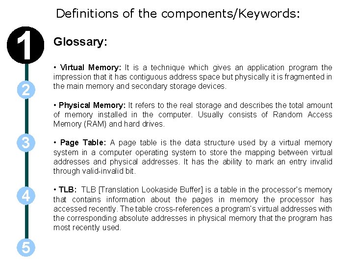 Definitions of the components/Keywords: 1 2 Glossary: • Virtual Memory: It is a technique