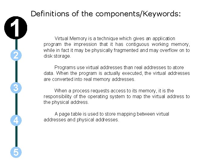 1 2 Definitions of the components/Keywords: Virtual Memory is a technique which gives an