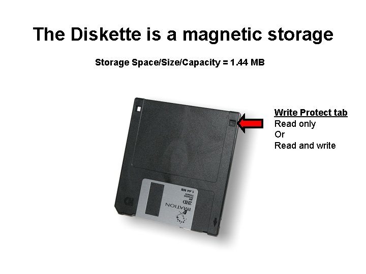 The Diskette is a magnetic storage Space/Size/Capacity = 1. 44 MB Write Protect tab